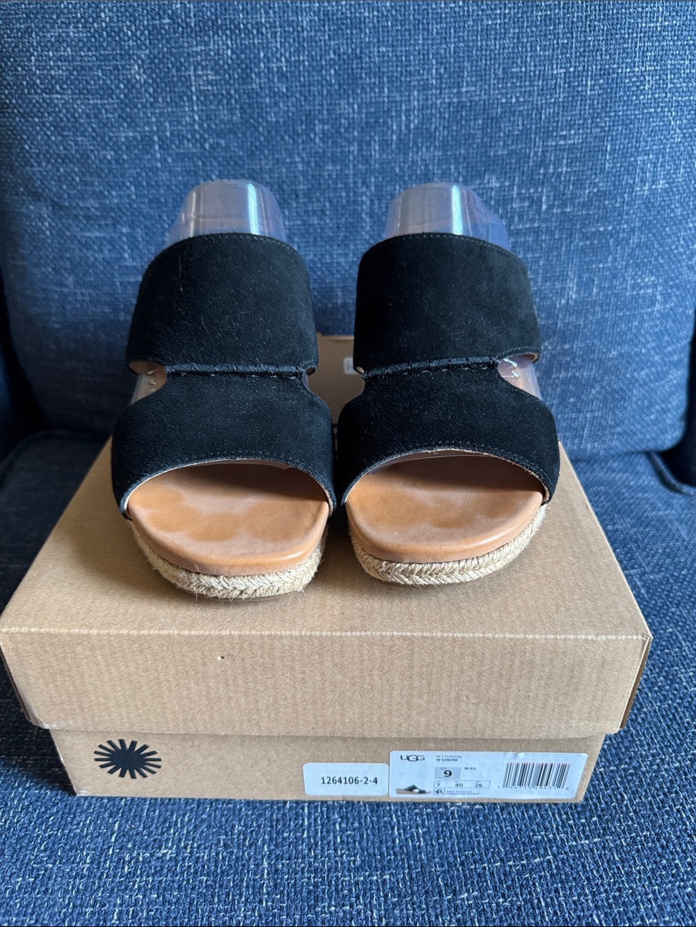 UGG Black Suede Double-Band Espadrille Mules with Tan Footbed